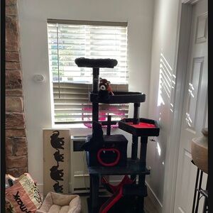 Multi-Level Black Cat Tree with Red Accents